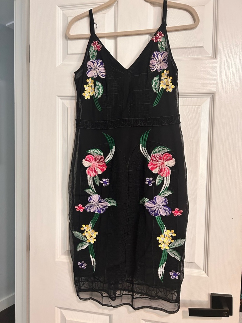 Guess Black Lace Midi Dress with Multicolor Floral Embroidery and Slip